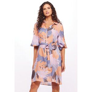 Eva Franco Summer Floral Shirt MIdi Dress with Puff Sleeves and Waist TIe